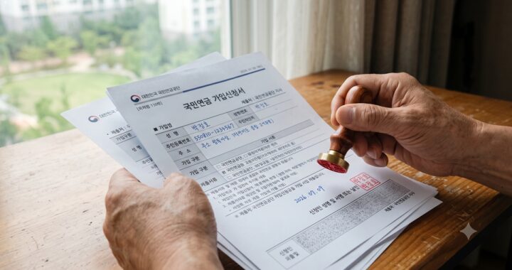 기초연금 자격요건 신청서 서류에 도장을 날인하는 어르신의 손 (Submitting Pension Application Documents)