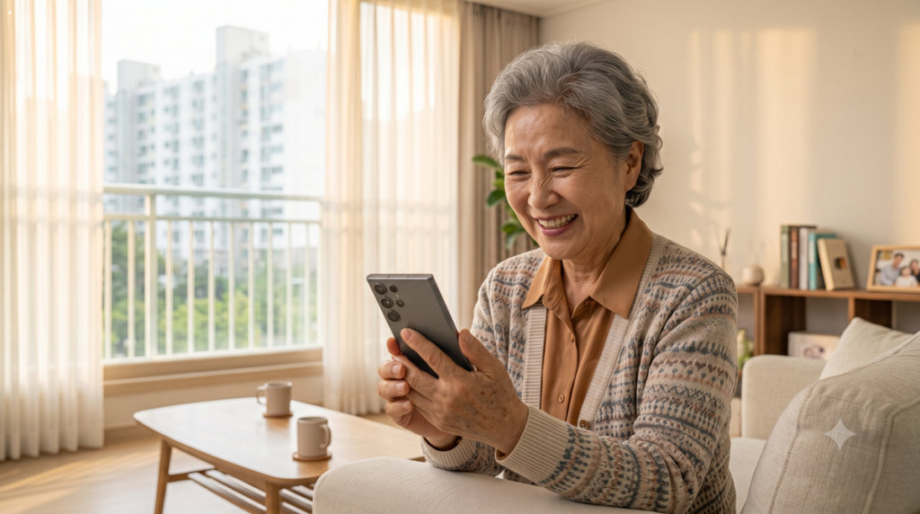휴대폰 계좌이체를 안전하게 마치고 안심하며 미소 짓는 시니어 여성 Cheerful senior woman smiling brightly after safe mobile banking