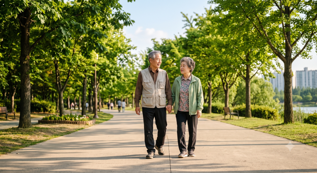 시니어 혼자 보내는 시간 이후 여유로운 공원 산책 Senior couple walking in a green park