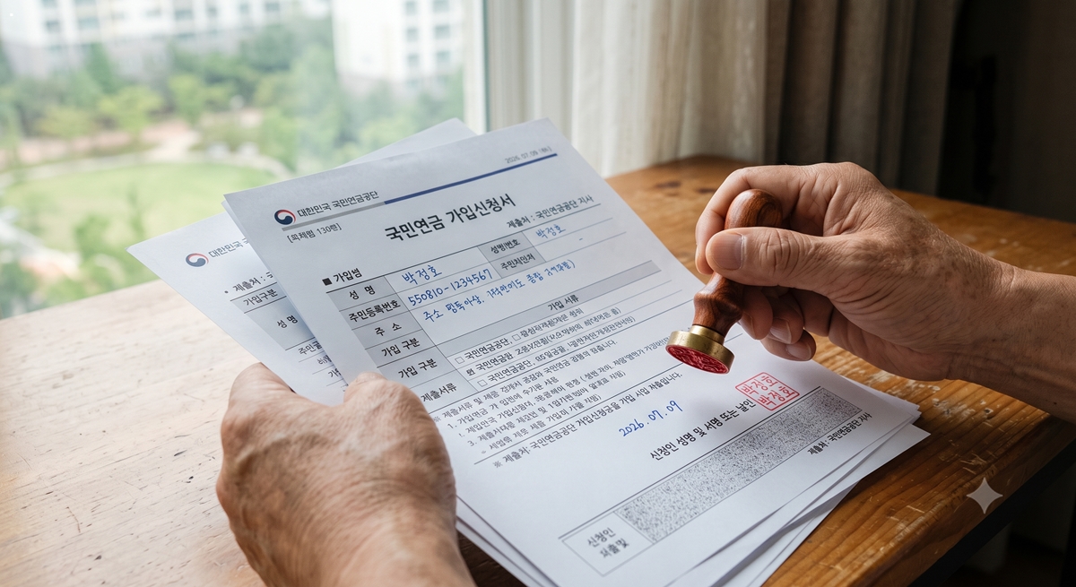 기초연금 자격요건 신청서 서류에 도장을 날인하는 어르신의 손 (Submitting Pension Application Documents)