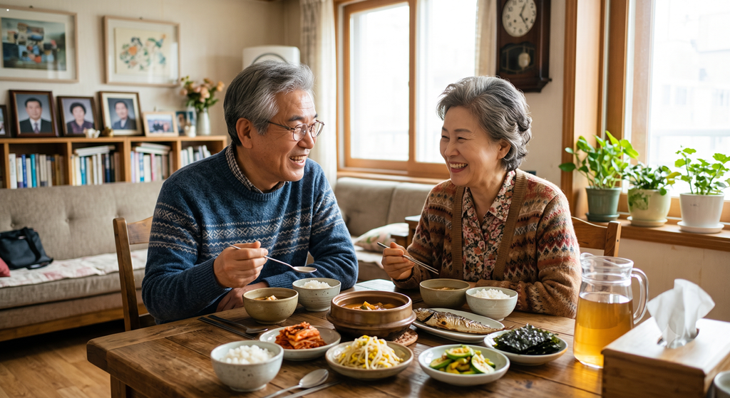 건강한 치매 예방 식단을 즐기는 시니어 부부 (Senior couple enjoying a healthy dementia-prevention meal)