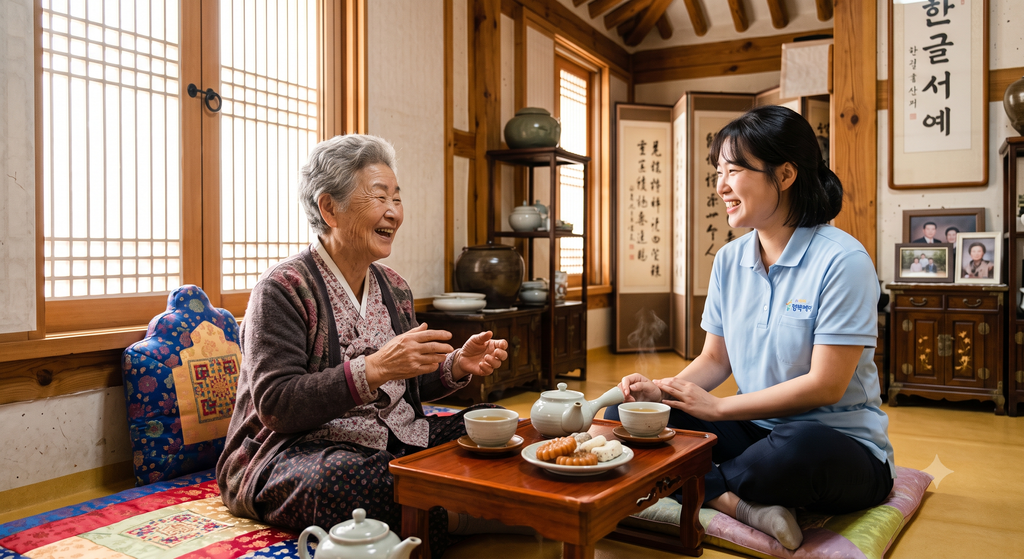 노인맞춤돌봄서비스 신청 후 생활지원사와 즐겁게 대화하는 어르신. (Elderly Korean woman talking with caregiver)