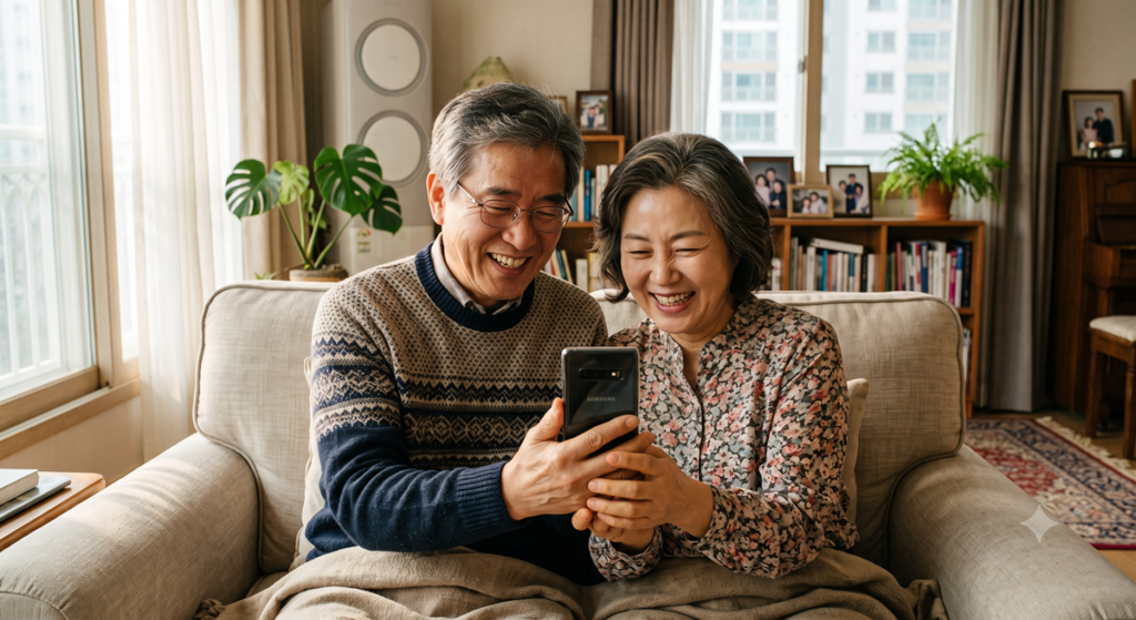 모바일 건강보험증 앱을 스마트폰으로 함께 확인하며 밝게 웃는 한국 시니어 부부 Korean senior couple using smartphone together
