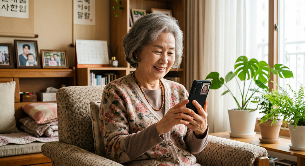 병원 예약 앱 사용법을 확인하며 스마트폰을 보며 웃고 있는 시니어 여성 (Korean senior woman using hospital reservation app on smartphone)