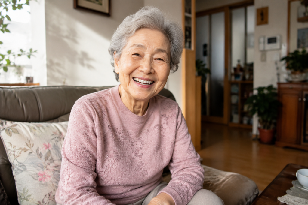노후 외로움 극복을 위한 밝은 미소의 한국 시니어 여성 / Brightly smiling Korean senior woman representing overcoming senior loneliness
