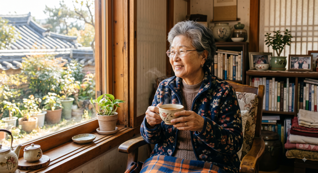 자식 서운함을 다스리며 창가에서 따뜻한 차를 마시는 한국인 시니어 어르신 (Korean senior woman finding peace of mind with warm tea)