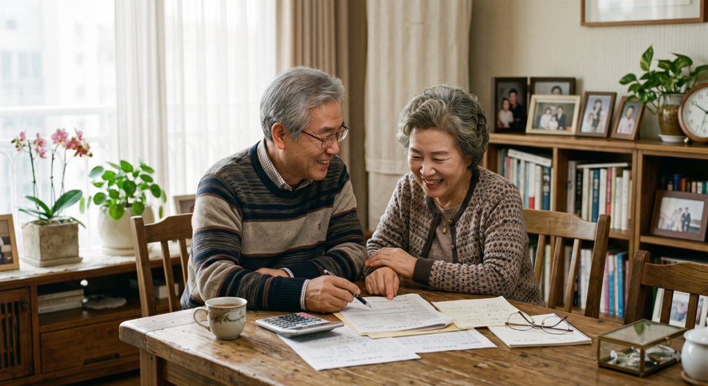 본인부담상한제 환급금 신청 서류를 확인하는 한국인 시니어 부부 (Korean senior couple reviewing medical refund application documents at home)