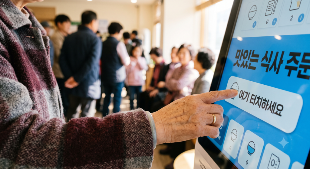 무인발급기 화면의 '터치하세요' 시작 버튼을 누르는 어르신의 손길 (Elderly woman's hand touching the 'Start' button on a kiosk screen)