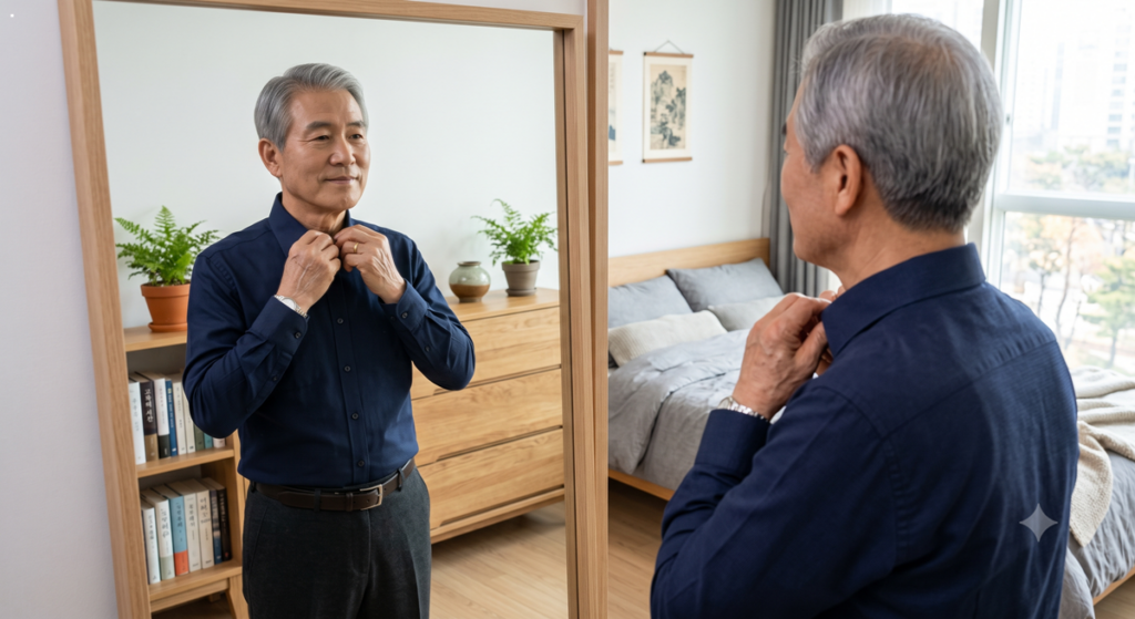 거울을 보며 단정한 옷차림으로 노년의 품격을 가꾸는 한국인 어르신 (Tidy Korean elderly man dressing up neatly in front of a mirror)