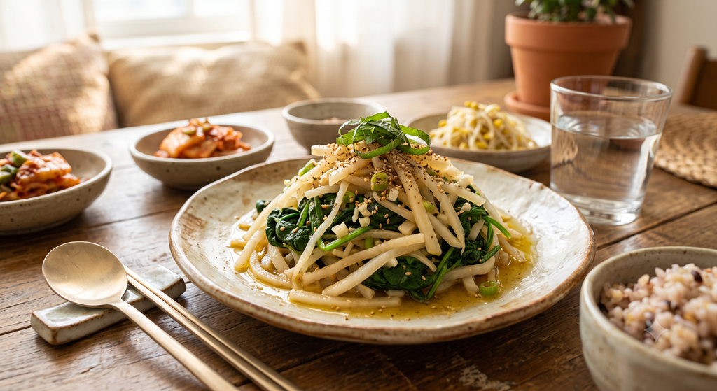 오메가3가 풍부한 들기름 나물 무침 (Vegetable side dish seasoned with Omega-3 rich perilla oil)