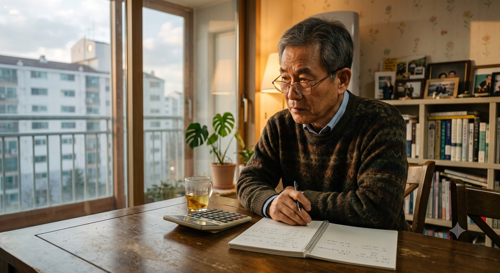 기초연금 소득인정액 모의계산을 위해 계산기와 수첩을 확인하는 시니어 (Senior calculating basic pension recognized income amount with a calculator)