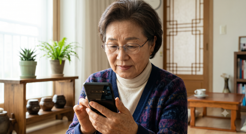 모바일 건강보험증 앱 설치를 위해 스마트폰을 집중해서 조작하는 어르신 Elderly woman operating smartphone attentively