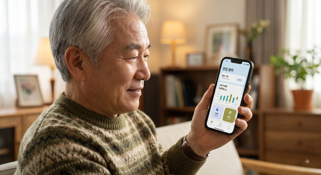 병원 예약 앱 및 건강관리 화면을 진지하게 보는 시니어 남성 (Korean elderly man checking health management app)