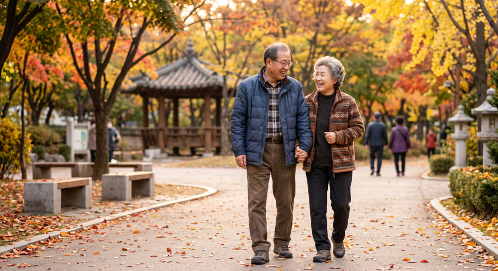 가을 공원을 다정하게 산책하며 자식 서운함을 털어내는 시니어 부부 (Korean senior couple walking in autumn park)