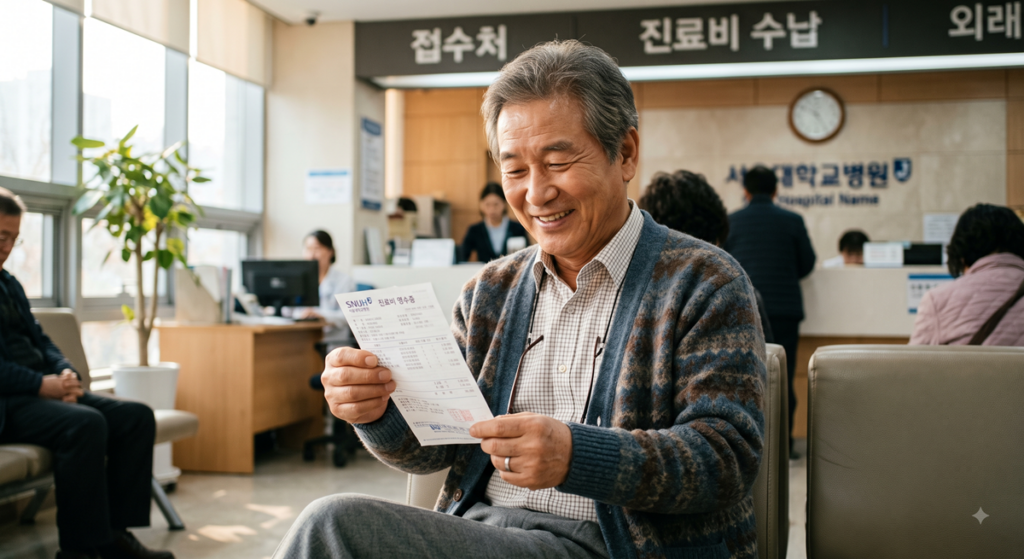 병원 수납처에서 진료비 영수증을 확인하며 본인부담상한제 환급금 혜택을 확인하는 어르신 (Elderly man checking a hospital receipt for out-of-pocket medical refund)