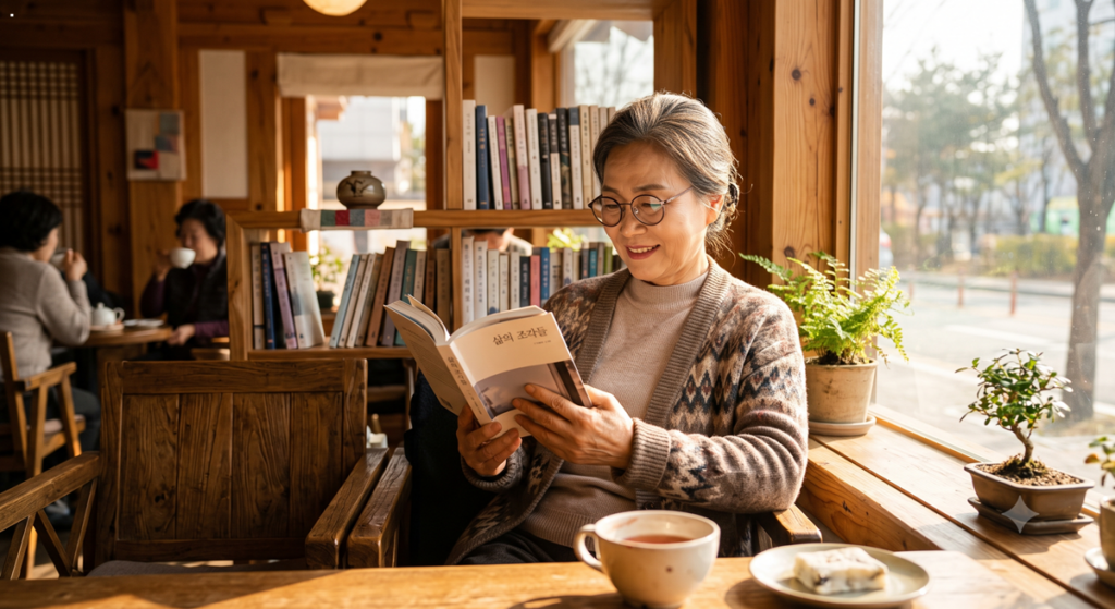 햇살 드는 카페에서 독서에 몰입하며 노년의 품격을 채우는 시니어 (Korean senior woman happily reading a book in a cozy wooden cafe)
