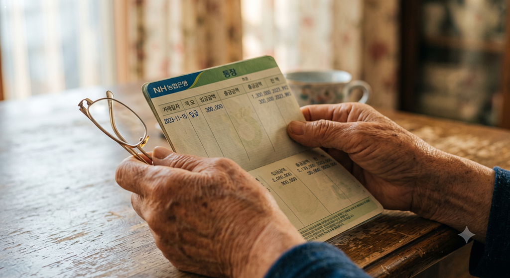 기초연금 금융재산 기본공제 기준 확인을 위해 통장 잔고를 보는 어르신 손 (Elderly hands holding a bankbook for pension asset deduction criteria)