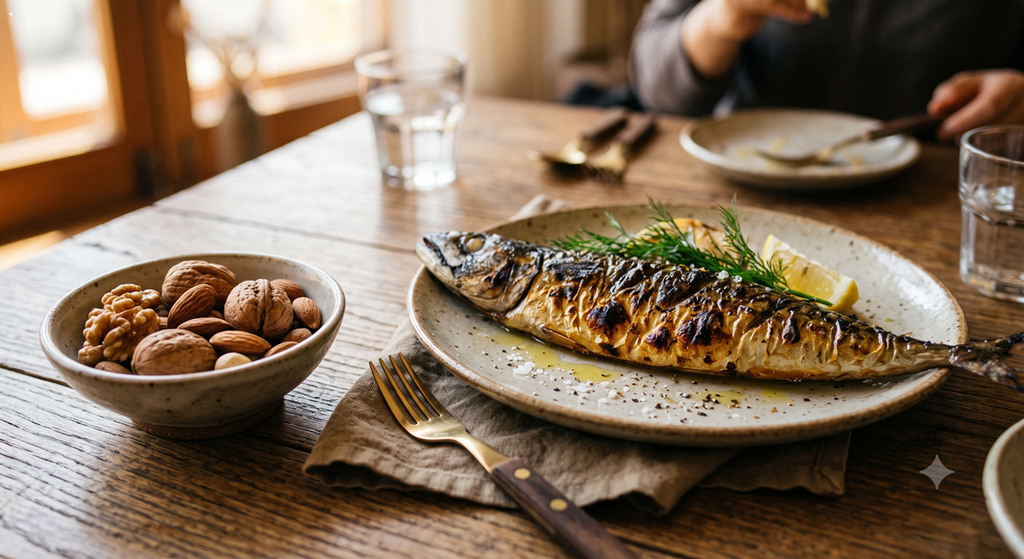 오메가3가 풍부한 고등어구이와 호두 아몬드 견과류 (Grilled mackerel and mixed nuts rich in Omega-3)