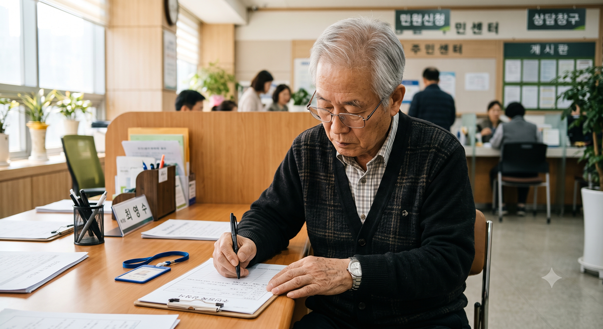 주민센터에서 노인맞춤돌봄서비스 신청 서류를 작성하는 어르신. (Elderly man filling out service application at community center)