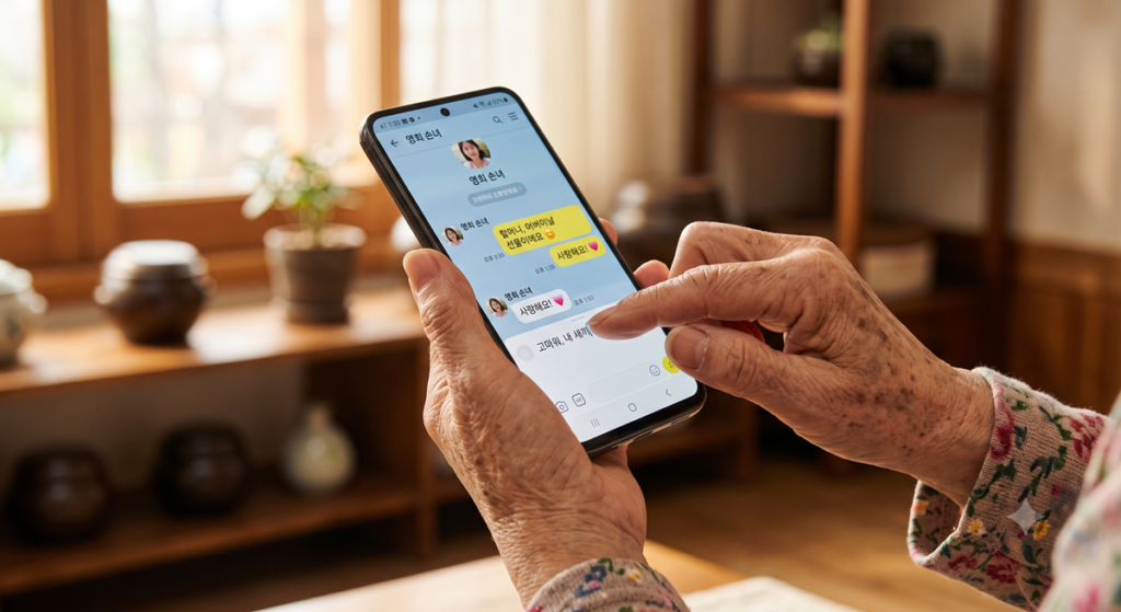 스마트폰 화면을 터치하며 모바일 건강보험증을 활용하는 시니어의 손 Close-up of senior hands holding smartphone