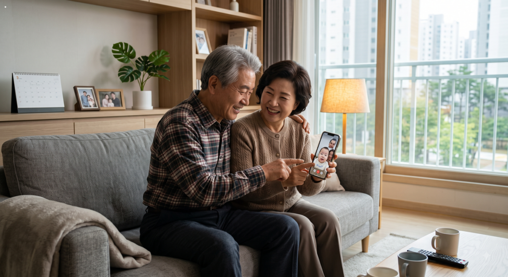 거실 소파에서 병원 예약 앱과 진료비 환급 앱을 같이 사용하는 어르신 부부 (Korean elderly couple happily using smartphone together)