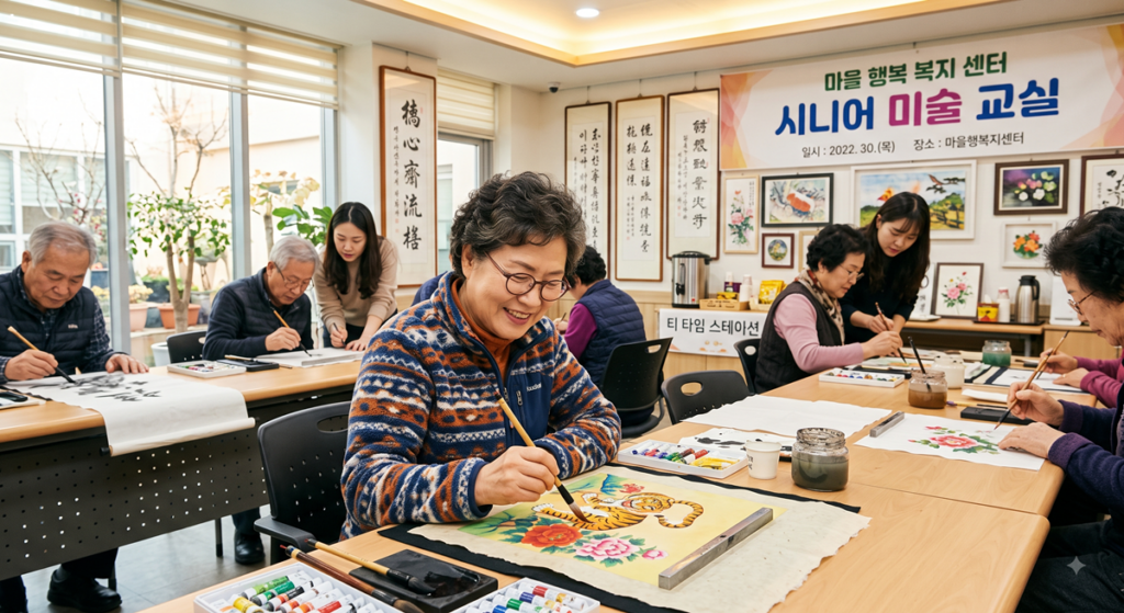 복지센터 시니어 미술 교실에서 그림을 그리며 자존감을 높이는 어르신 (Korean senior enjoying art class at community center)
