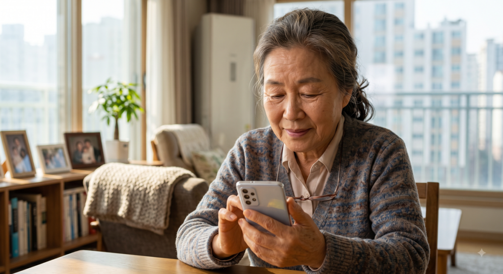 스마트폰 The건강보험 앱으로 본인부담상한제 환급금 조회하는 시니어 여성 (Senior woman checking medical refund on smartphone health app)