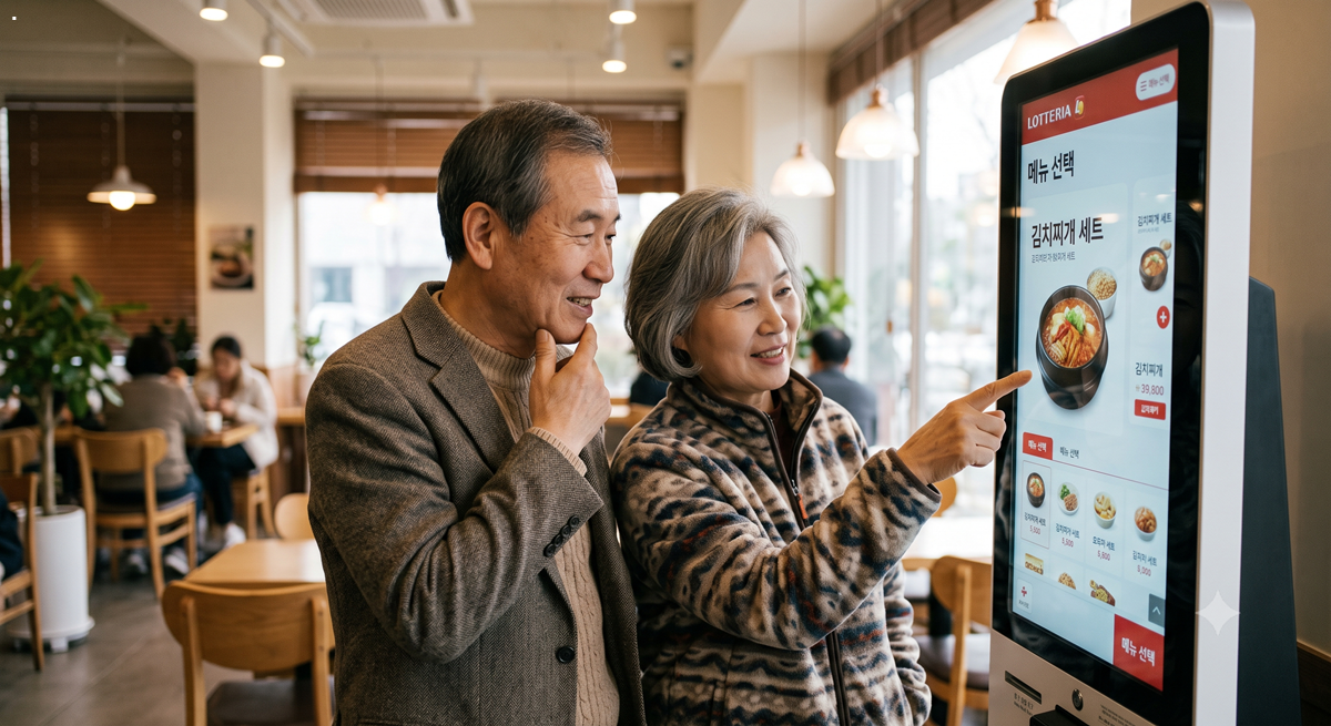 음식점 키오스크에서 메뉴를 고르고 장바구니에 담는 시니어 부부 (Senior couple adding menu items to the cart on a restaurant kiosk)