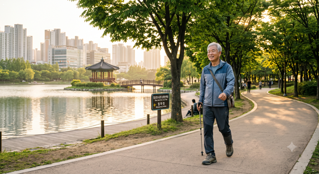 호수공원을 활기차게 산책하며 노년의 품격을 다지는 건강한 시니어 (Active Korean elderly man walking healthily along a city park trail)