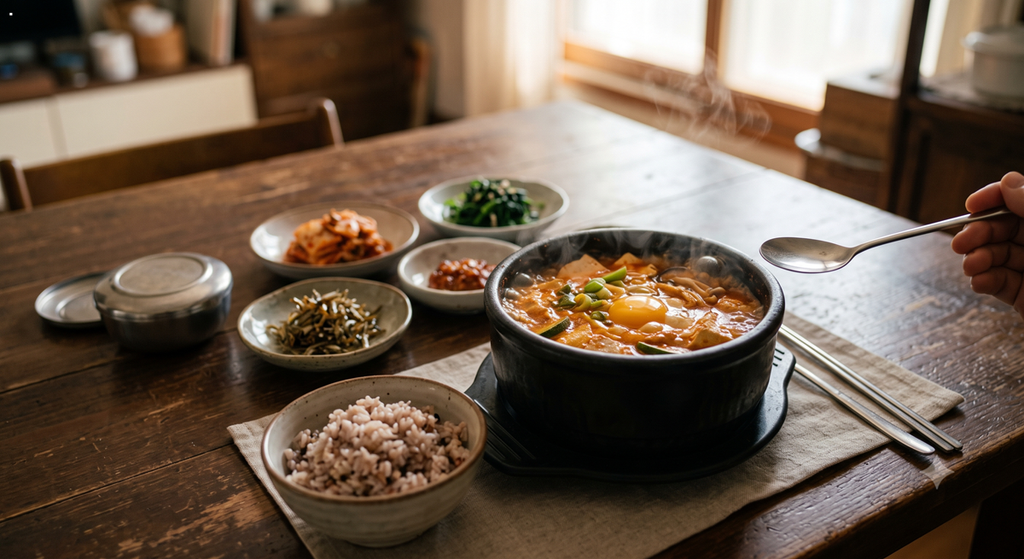 식물성 단백질이 풍부한 따뜻한 두부 찌개 (Warm tofu stew rich in plant-based protein for joints)
