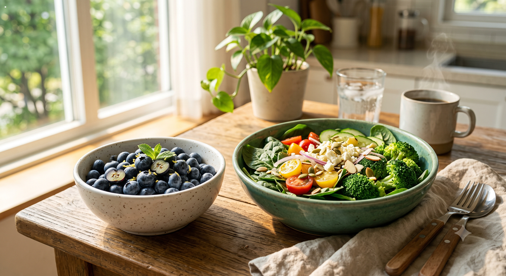 강력한 항산화 작용을 하는 블루베리와 녹황색 채소 샐러드 (Blueberries and green vegetable salad with strong antioxidant effects)