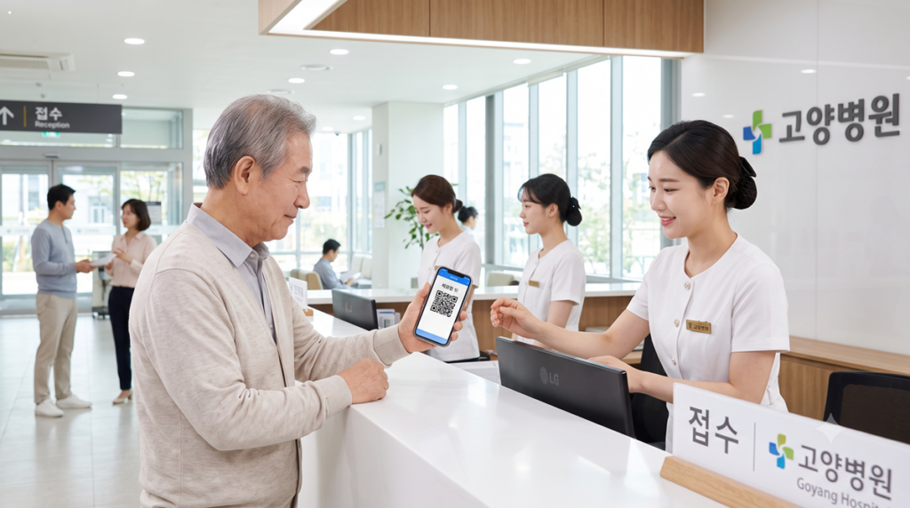병원 접수처에서 모바일 건강보험증 QR코드를 보여주는 어르신 Senior presenting mobile health card QR code at hospital reception desk