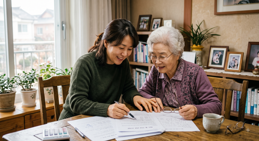 연로하신 어머니를 도와 본인부담상한제 환급금 대리 신청을 준비하는 자녀 (Daughter helping elderly mother prepare proxy application for medical refund)