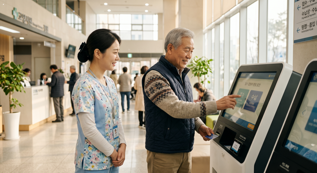 친절한 간호사의 안내를 받으며 병원 키오스크 수납을 진행하는 어르신 (Elderly man making a payment at a hospital kiosk with a nurse's guidance)