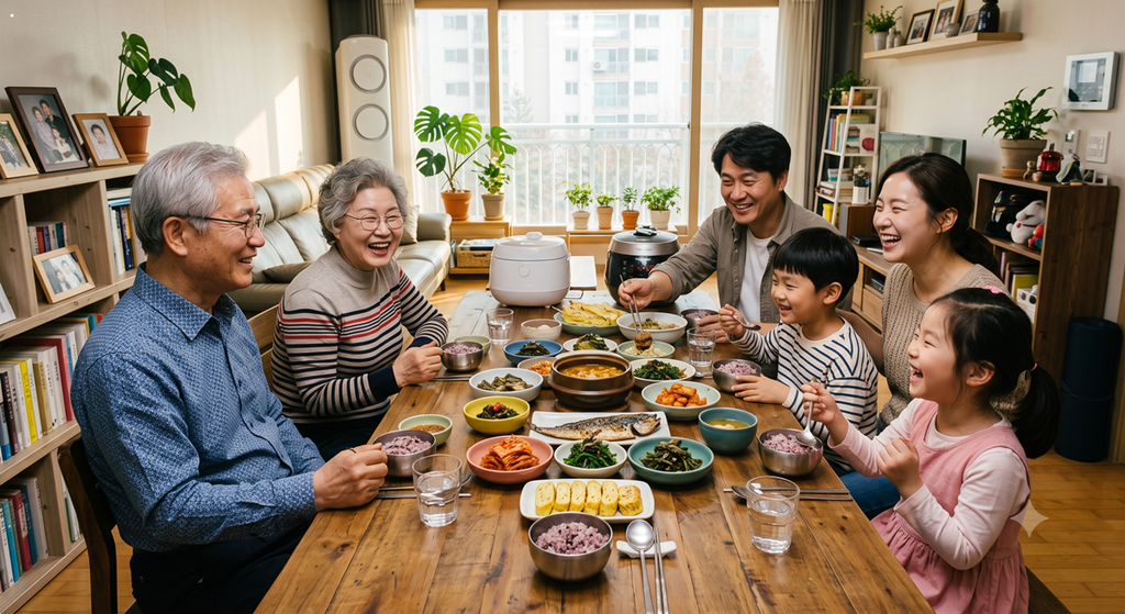 관절 염증 식단으로 차려진 온 가족 주말 식사 시간 (Weekend family meal time set with a joint inflammation diet)