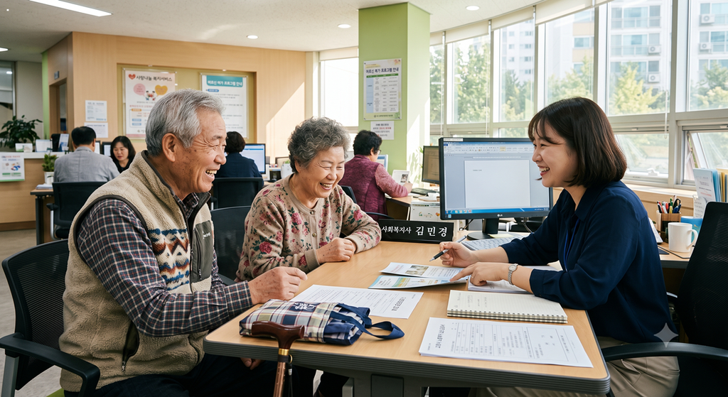 주민센터에서 사회복지사와 기초연금 수급자격 상담을 받는 어르신 부부 (Senior couple consulting a social worker about basic pension qualification at a community center)