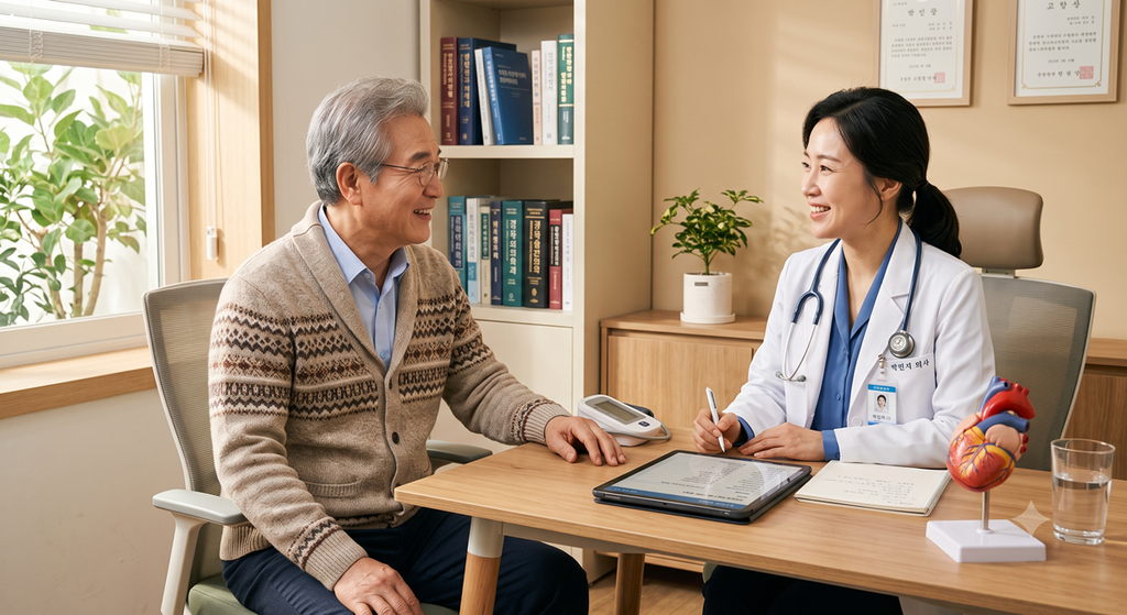 병원에서 의사와 친근하게 건강 상담을 하는 한국 시니어 남성 (Korean senior man consulting comfortably with a doctor)