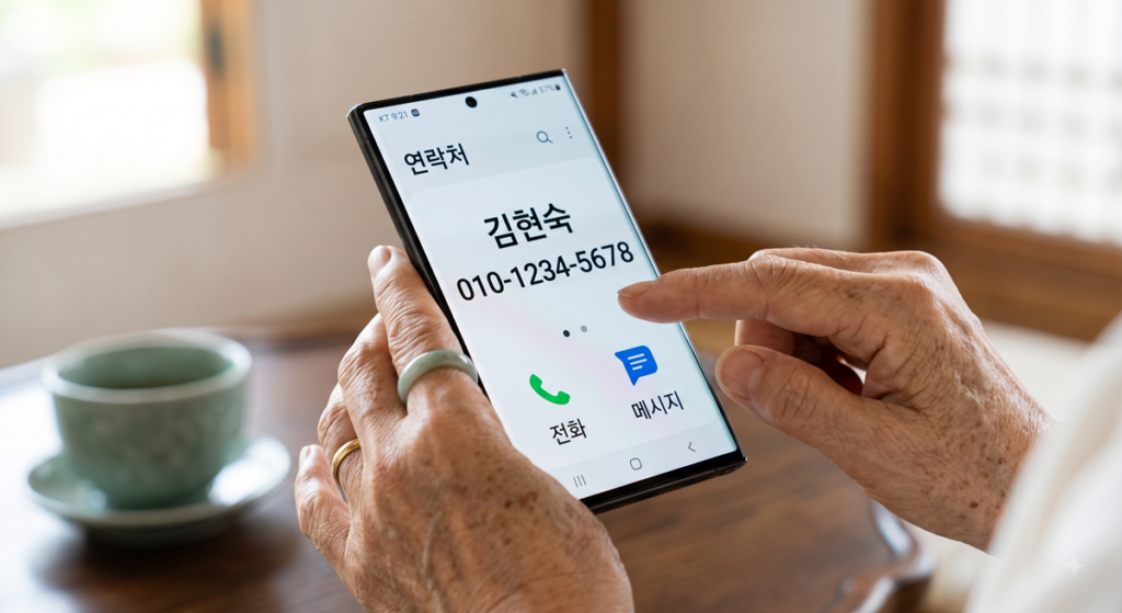 글자 크기를 큼직하게 설정하여 병원 예약 앱을 쉽게 조작하는 스마트폰 화면 (Close-up of Korean senior hands holding phone with enlarged text)