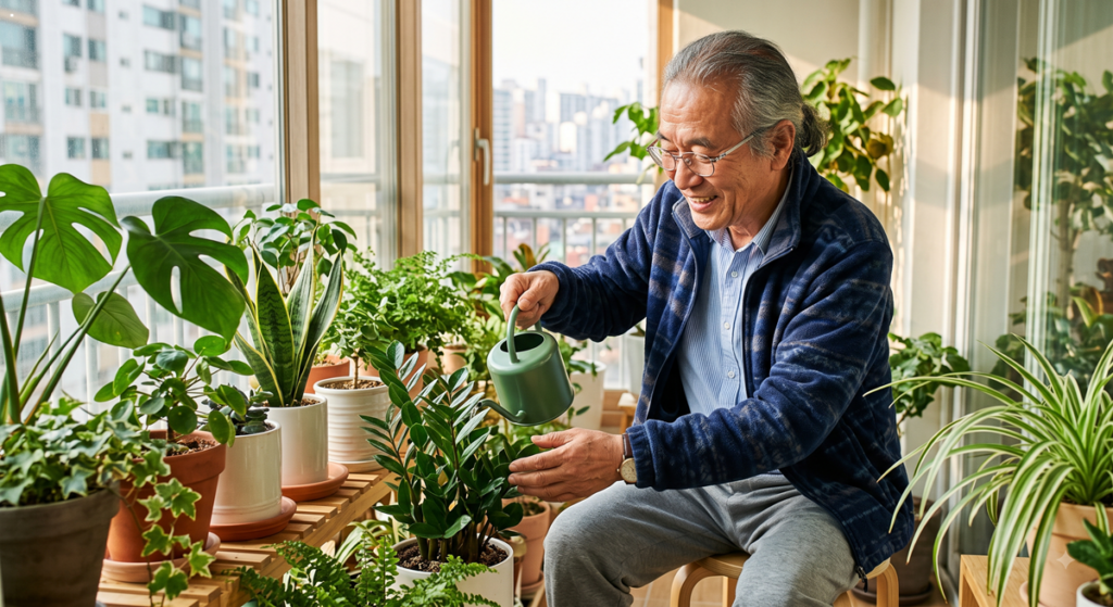 베란다 화초에 물을 주며 소소한 일상의 행복을 가꾸는 시니어 어르신 (Elderly Korean man watering balcony plants peacefully)