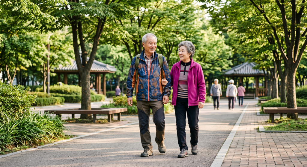 병원비 부담을 덜고 건강하게 산책하는 시니어 부부 (Healthy senior couple walking happily after relieving medical bill burden)