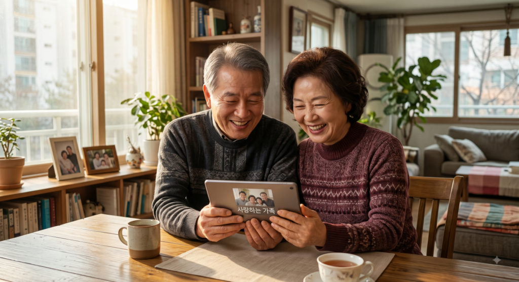 시니어 일자리 신청방법 정보를 태블릿으로 확인하며 웃는 한국인 부부 (Korean senior couple checking senior job application info on a tablet)