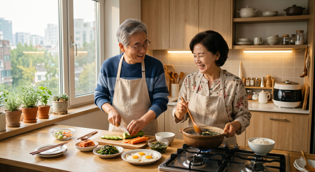 아침 공복 음식으로 건강한 아침 식단을 함께 준비하는 시니어 부부 (Senior couple preparing healthy morning food)