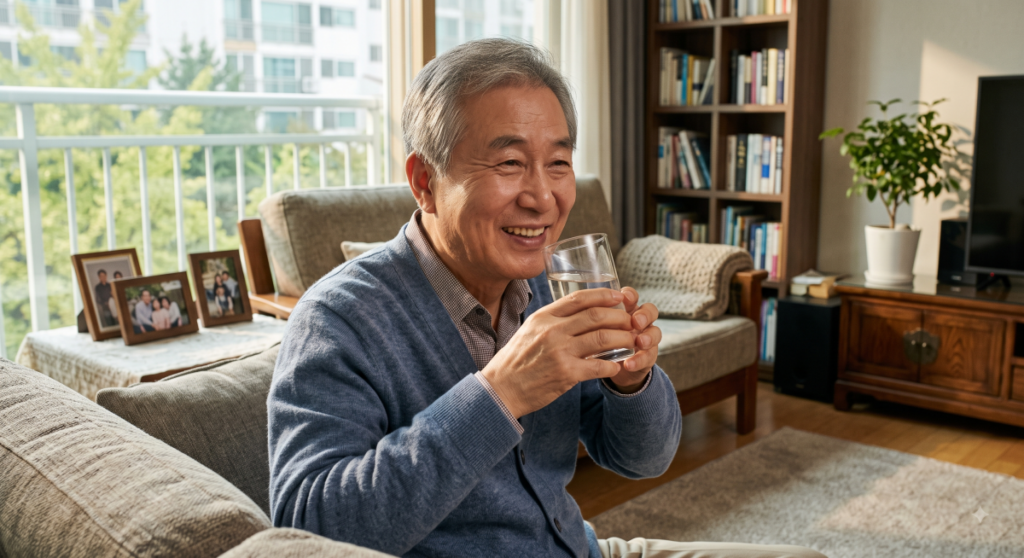 아침 공복 음식 섭취 전 혈액 순환을 위해 미온수를 마시는 어르신 (Elderly man drinking warm water on an empty stomach)