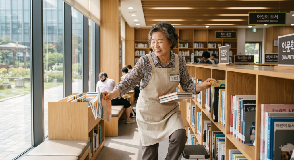 도서관에서 책을 정리하는 공익활동형 시니어 일자리 참여 어르신 (Korean senior woman working happily at a community library)