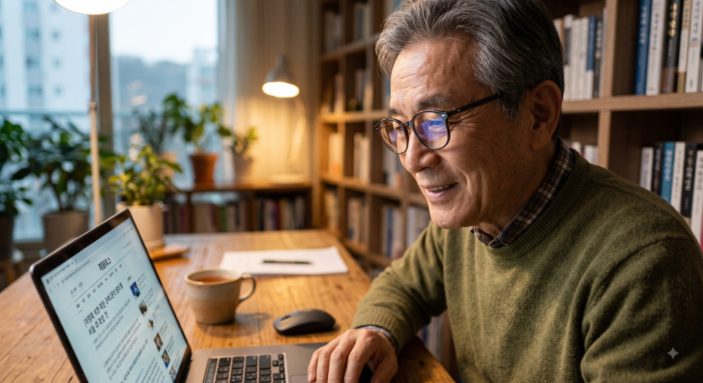 노인일자리여기 사이트에서 시니어 일자리 신청방법을 검색하는 남성 어르신 (Senior man searching for jobs on laptop via Seniorro portal)