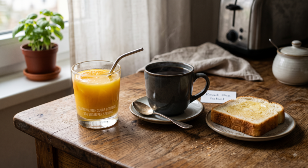아침 공복 음식으로 혈관 건강을 위해 피해야 할 과일 주스와 흰 빵 (Unhealthy empty stomach breakfast: sugary juice, white bread, and coffee)