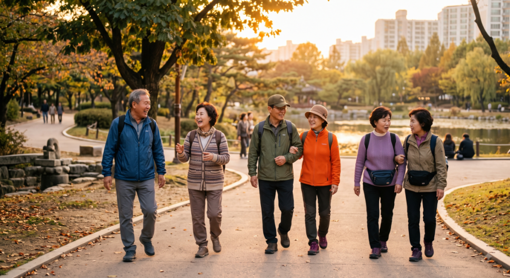 건강하고 활기찬 노후를 즐기는 시니어 일자리 참여 어르신들의 공원 산책 (Group of active Korean seniors walking outdoors in a park)