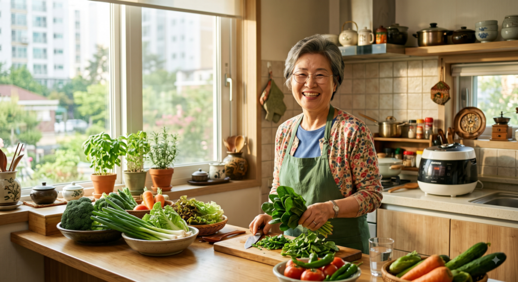 올바른 아침 공복 음식 습관으로 활력을 유지하는 건강한 시니어 여성 (Healthy senior woman with fresh green vegetables for breakfast)