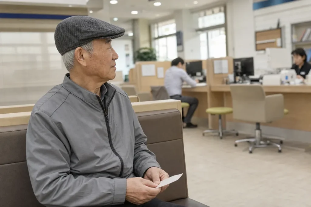 은행 창구에서 번호표를 들고 차례를 기다리는 어르신. (An elderly Korean man waiting with a queue ticket at a bank counter)