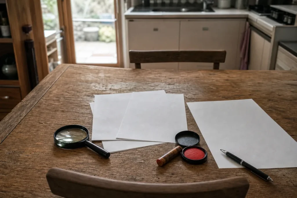 식탁 위에 펼쳐 놓은 신청 서류와 돋보기, 도장. (Application papers, a magnifier and a name seal laid out on a dining table)